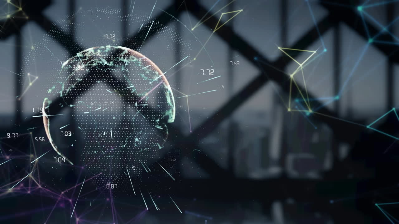 도시 풍경 위의 지구와 연결된 네트워크의 애니메이션