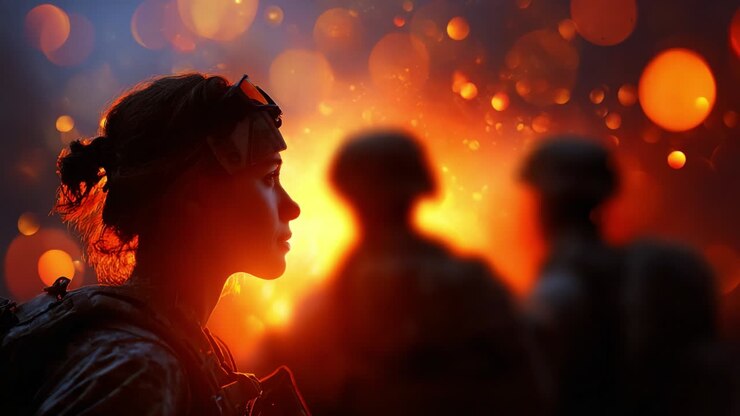 A Brave Soldier Stands Vigilant Amidst an Explosive Background, Highlighting the Resilience and Courage Required in Times of Conflict, While Shadows of Fellow Soldiers Add Depth to the Scene