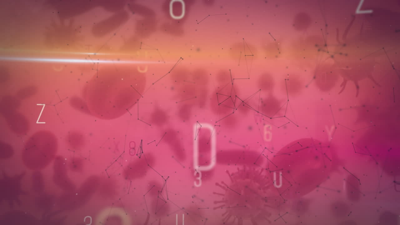 분홍색에 움직이는 문자와 세포에 대한 연결 네트워크의 애니메이션