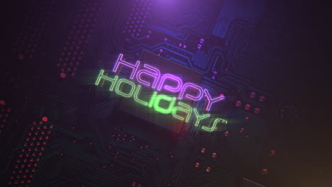 happy holidays with computer chip and neon light