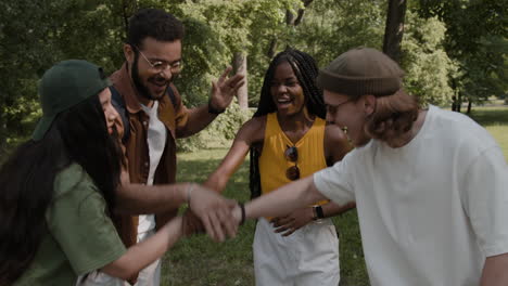 diverse group of friends celebrating teamwork and unity in a park