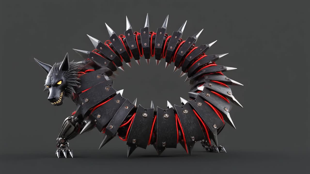 Bedrohlicher mechanischer Wolf mit Stacheln und leuchtenden Augen.