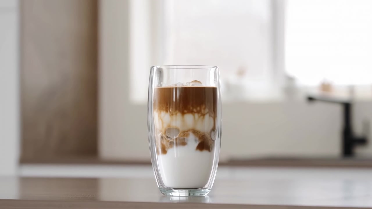 Secuencia inicial a intermedia que muestra un vaso alto y transparente de café helado en capas, centrado en una mesa en el interior de una cocina suavemente desenfocada.