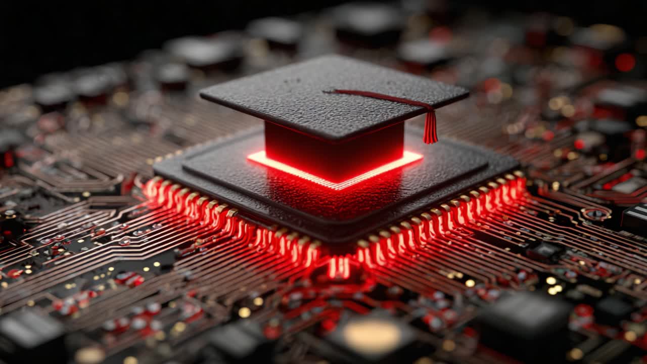 A captivating blend of technology and education, showcasing a mortarboard hat resting on a vibrant circuit board, symbolizing the fusion of learning and innovation in the digital age