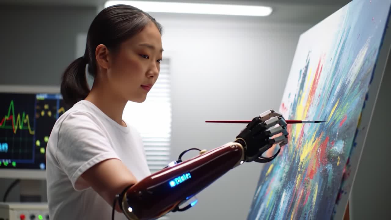 A talented artist uses a cutting-edge prosthetic arm to paint a colorful landscape in a modern studio. The environment showcases a blend of technology and creativity.
