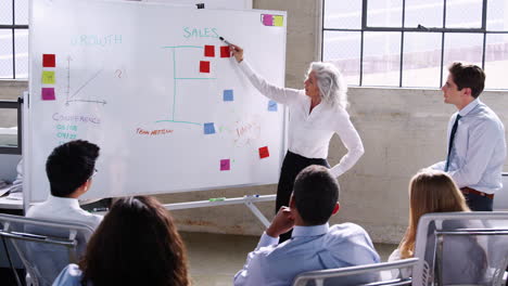 senior female boss presenting by a whiteboard at a meeting