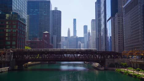 chicago erhöht zug auf wells street brücke über dem chicago river und umliegenden cityscape wolkenkratzer