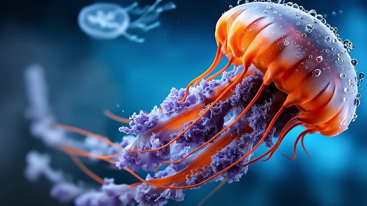 A jellyfish floating in the water with bubbles on its body