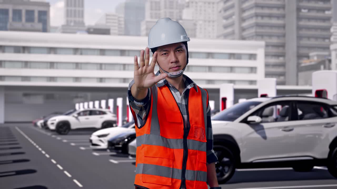 現代都市の充電ステーションで電気自動車が充電中、ヘルメットをかぶったアジア人男性エンジニアが、立ちながら手で「ノー」のジェスチャーをして不承認を示している