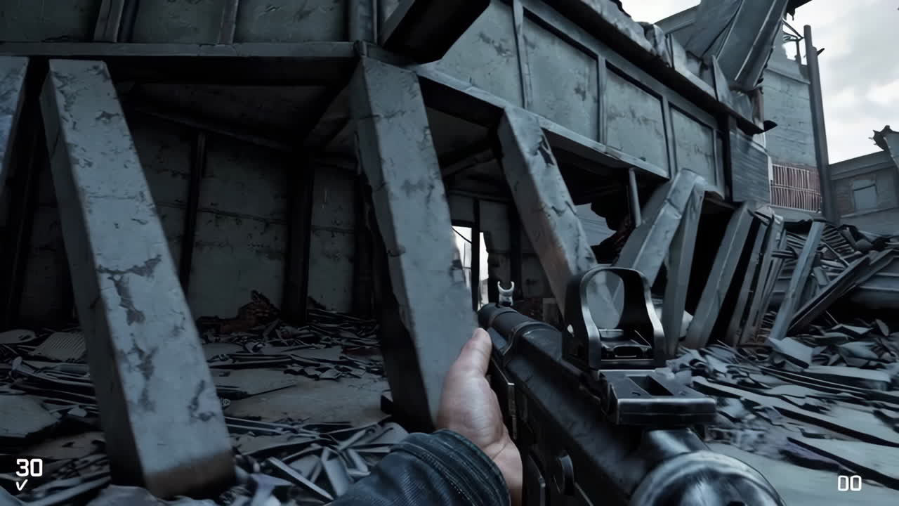 First-person shooter in a ruined city