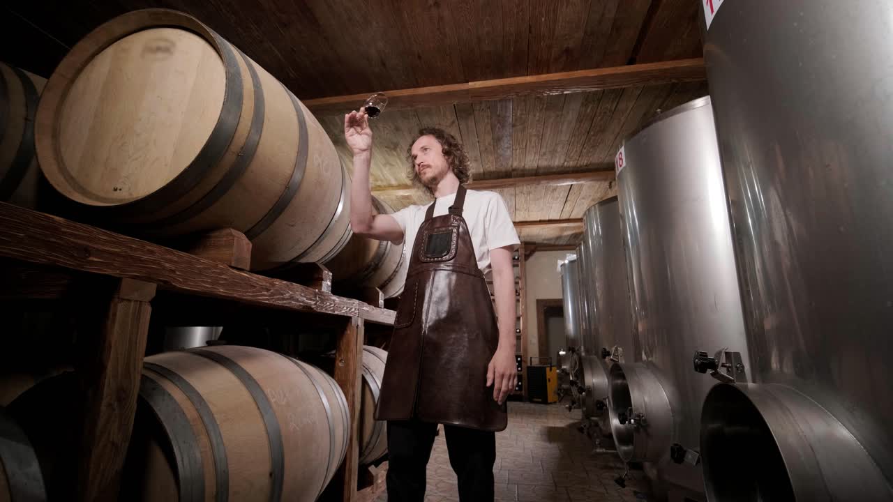 Authentic shot of successful male sommelier is tasting a flavor and checking white wine quality poured in transparent glass in a wine cellar.