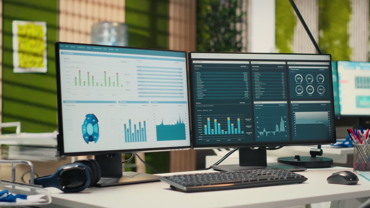 Vertical Video Empty office space in a multinational company showcases computers