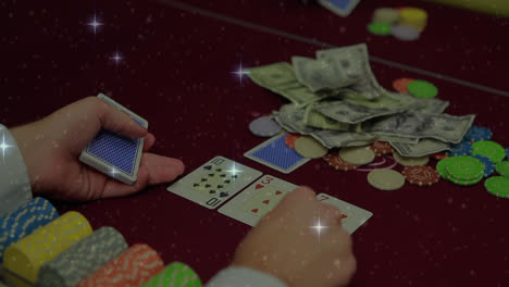 animation of shining stars over mid section of male croupier distributing cards at casino table