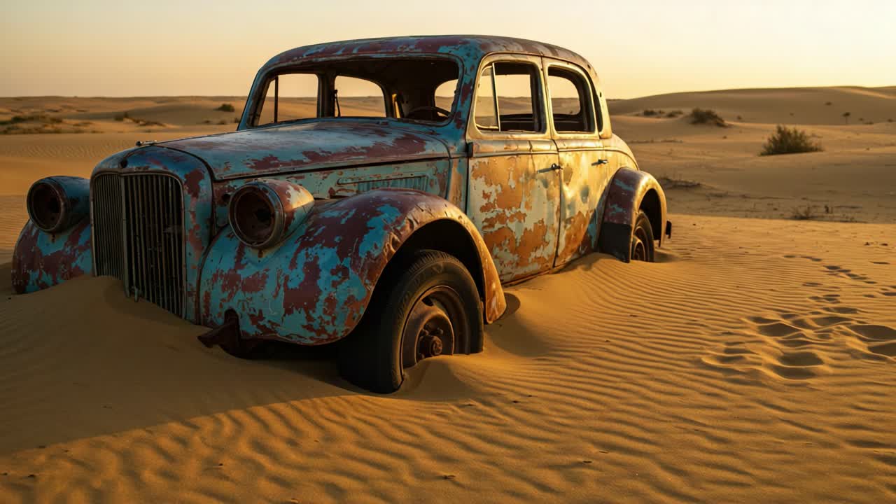 A Rusty Classic Car Abandoned in a Desert Landscape: Exploring the Beauty of Decay Against a Backdrop of Dunes and Dusk