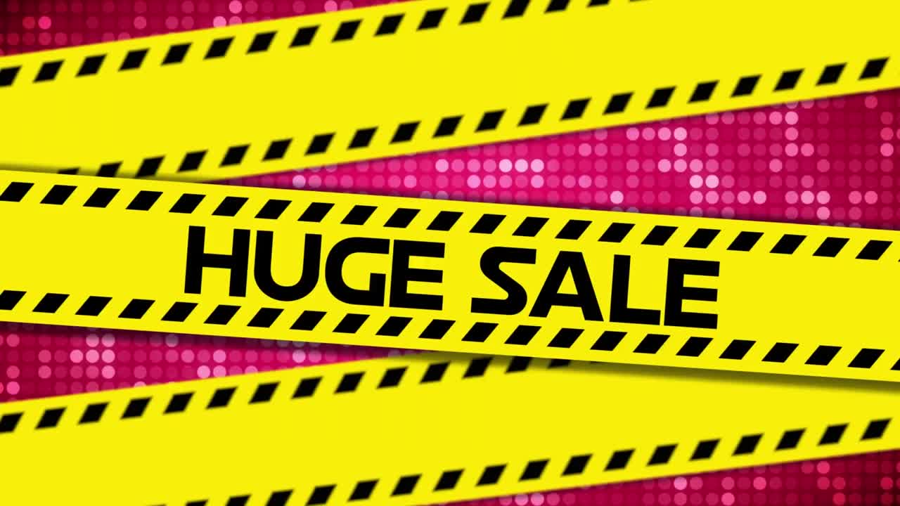분홍색 배경의 점 위에 노란색 테이프에 거대한 판매 텍스트의 애니메이션