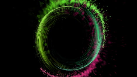 Animation-of-colourful-light-trails-forming-circles-on-black-background