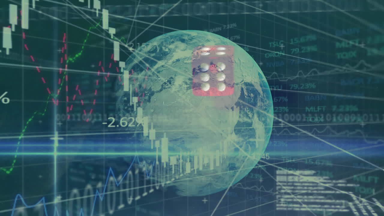 animación de codificación binaria, procesamiento de datos financieros sobre globo y dados.