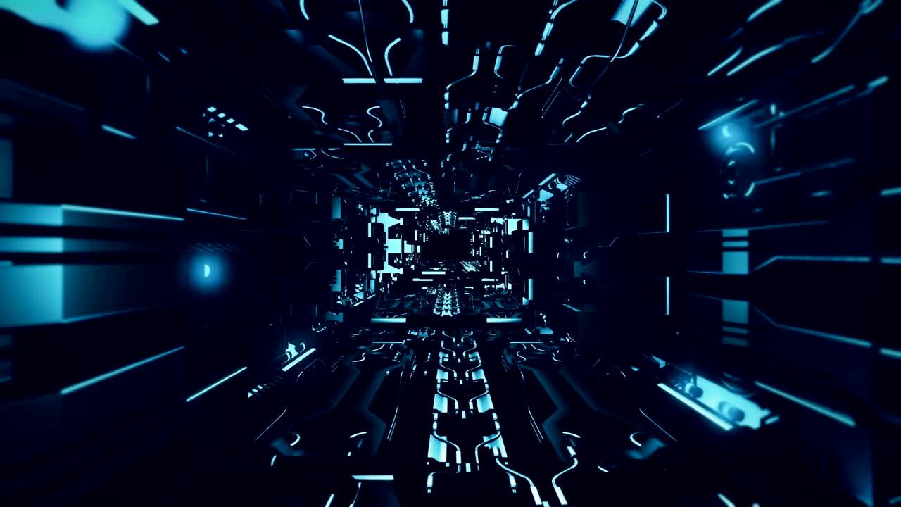 Fly inside of futuristic metallic corridor