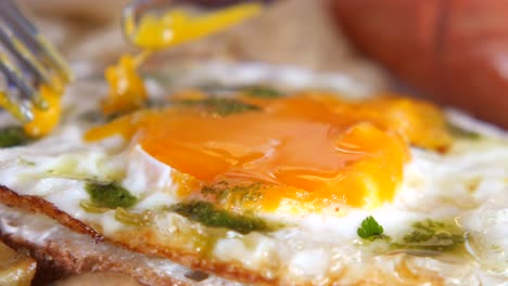 close-up of a fork piercing a runny fried egg with green sauce