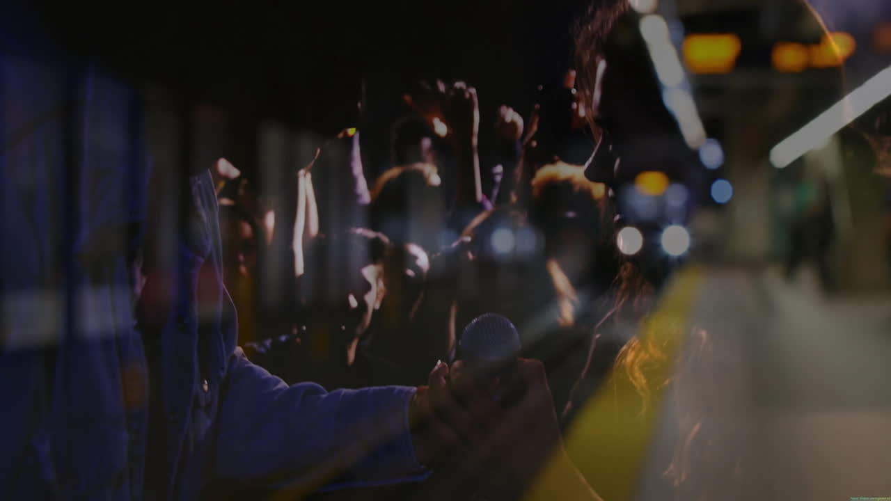 Bandmates performing on urban train platform at night, showing animated mic icons and tech charts