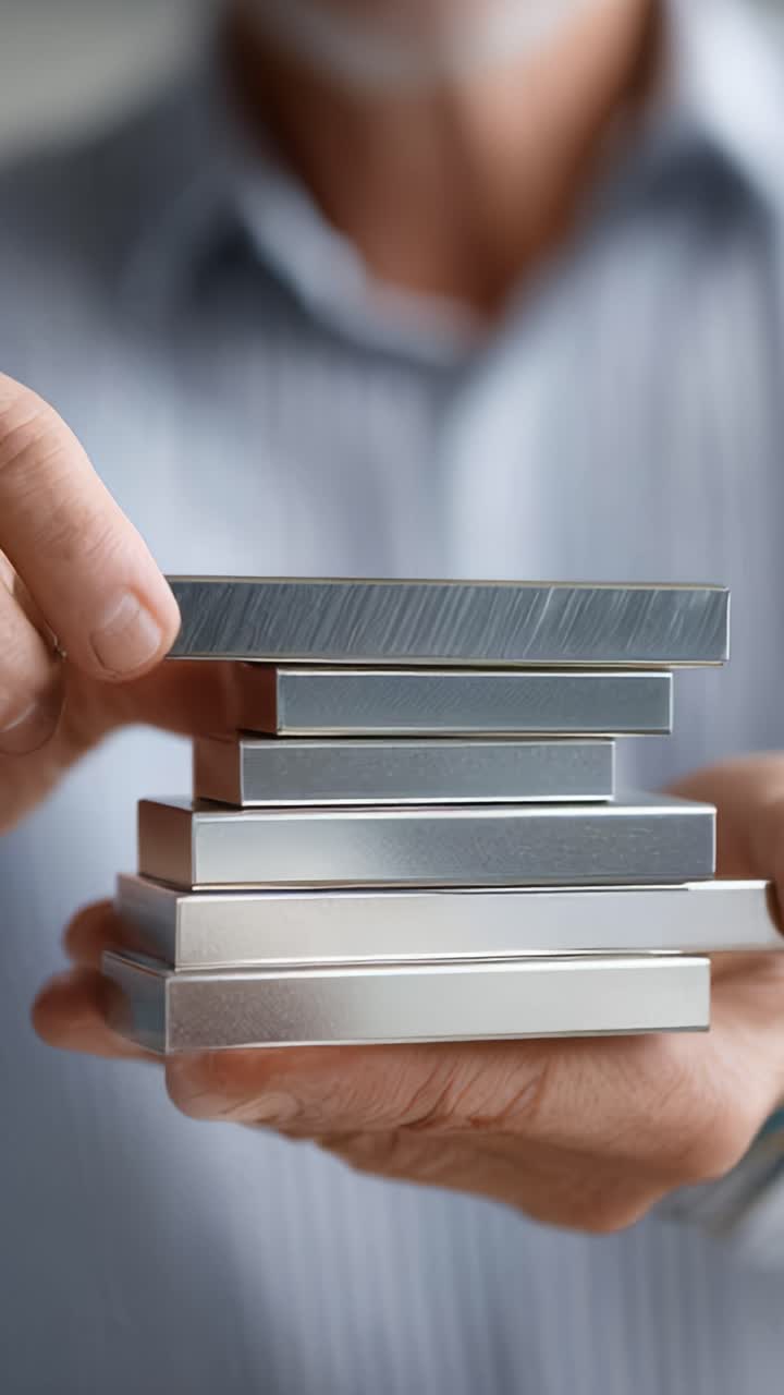 A close-up view of a person's hand carefully stacking polished metallic bars, showcasing precision, craftsmanship, and attention to detail in the arrangement