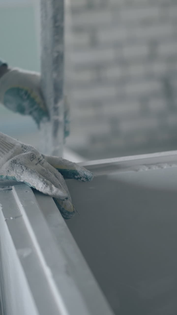 skilled painter in gloves measures white gypsum plasterboard professionally holding special ruler close view