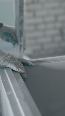 skilled painter in gloves measures white gypsum plasterboard professionally holding special ruler close view