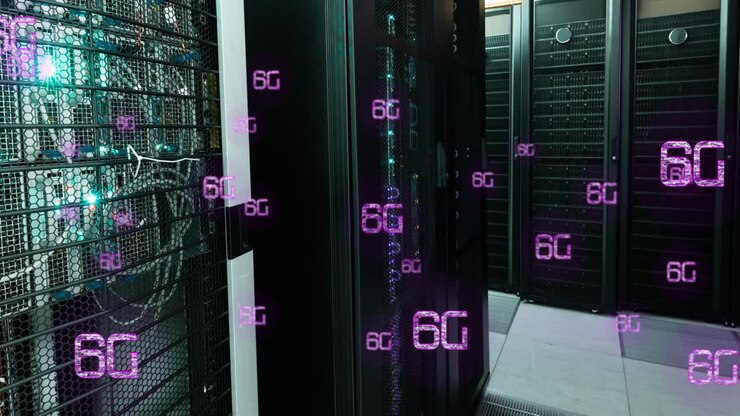 Animation of illuminated 6g text over data server systems