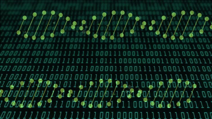 Animation of dna strands over data processing on black background