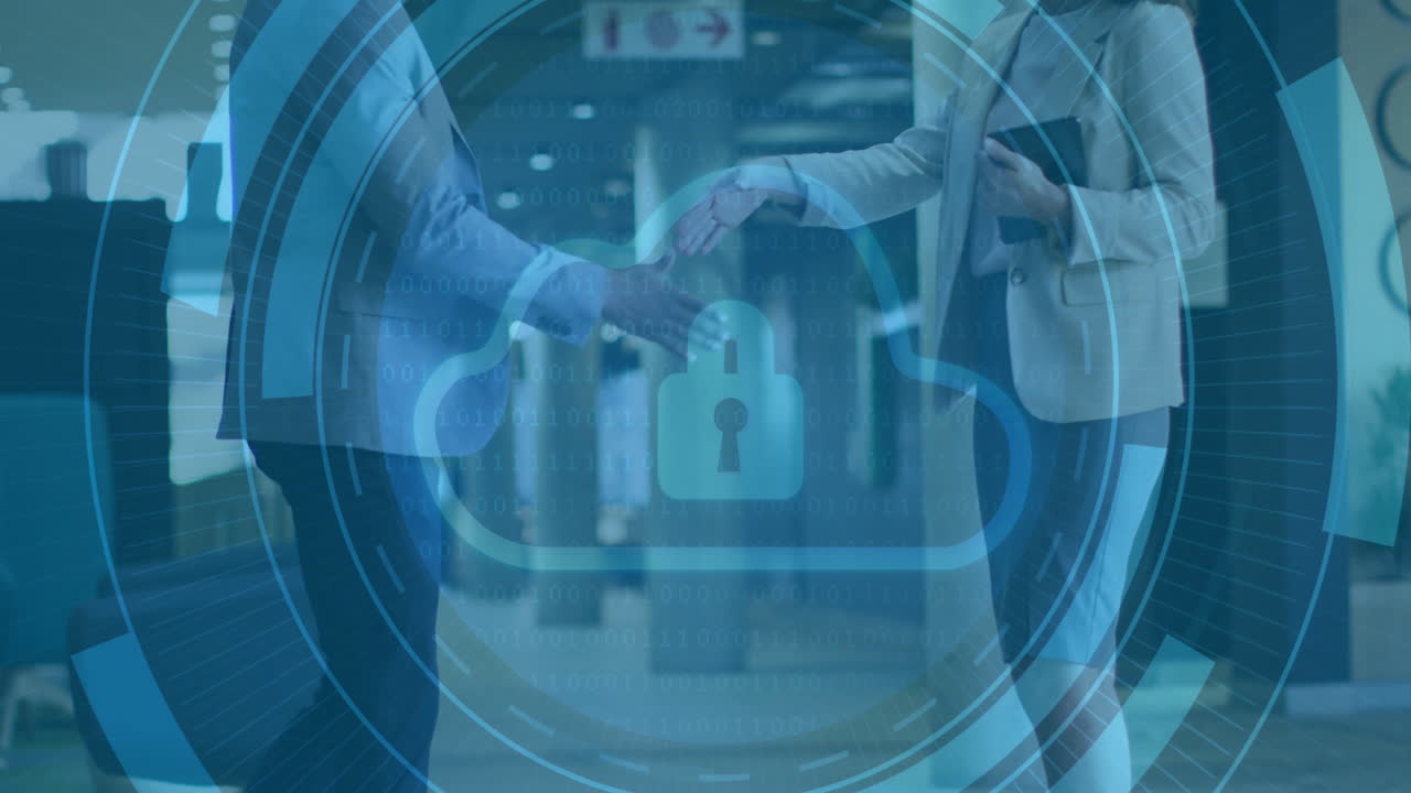 Digital security lock animation over businesspeople shaking hands in office hallway