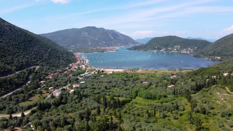 Rising-Aerial-Revealing-of-Nidri-Bay,-Lefkada,-Greece