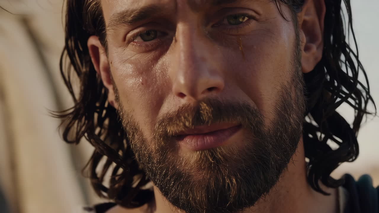 Close-up of a man portraying a religious figure
