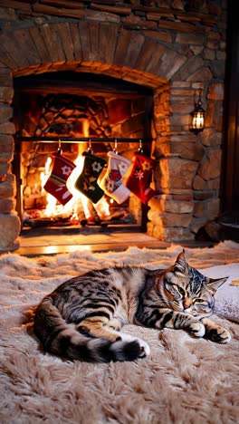 cozy christmas scene with cat by the fireplace