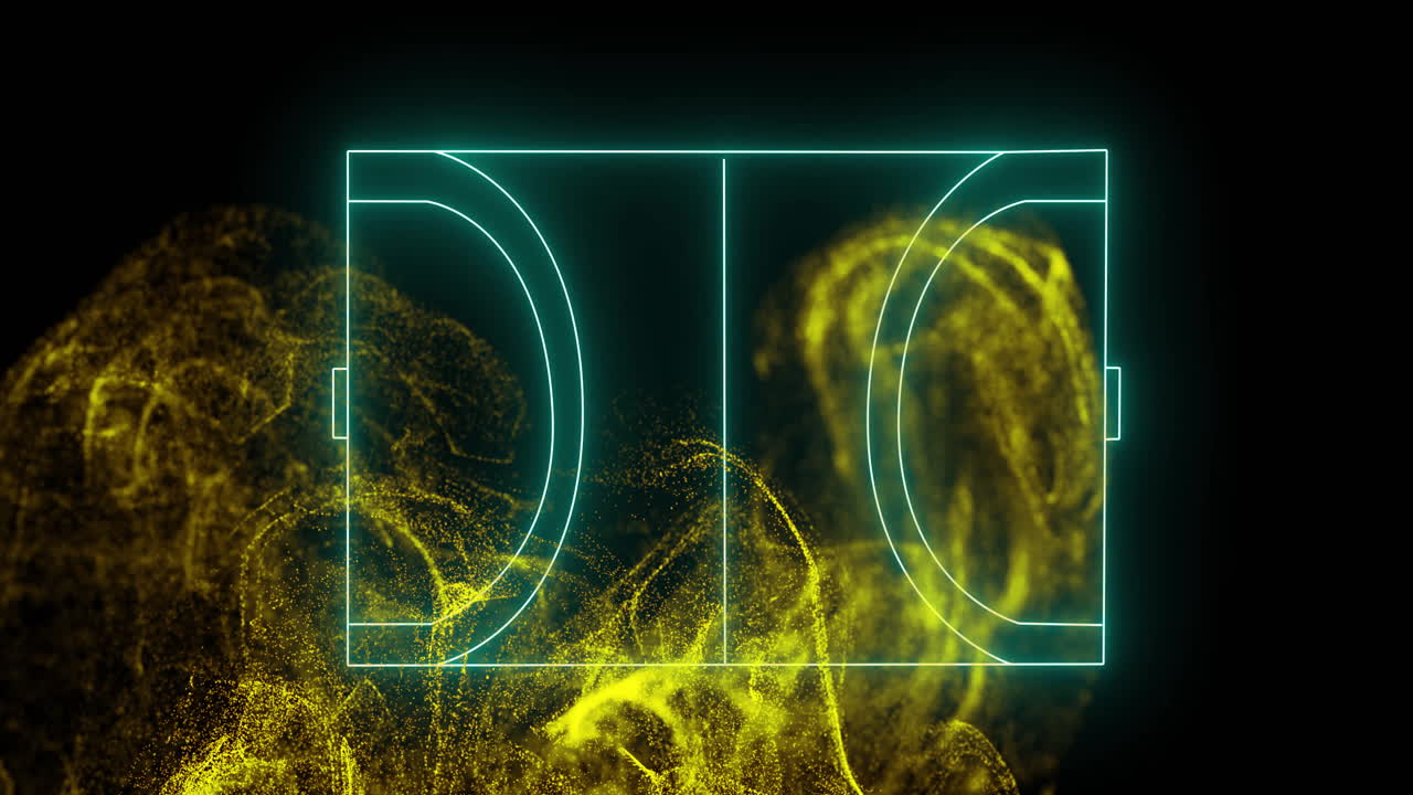 Basketball court lines animation over swirling yellow particles