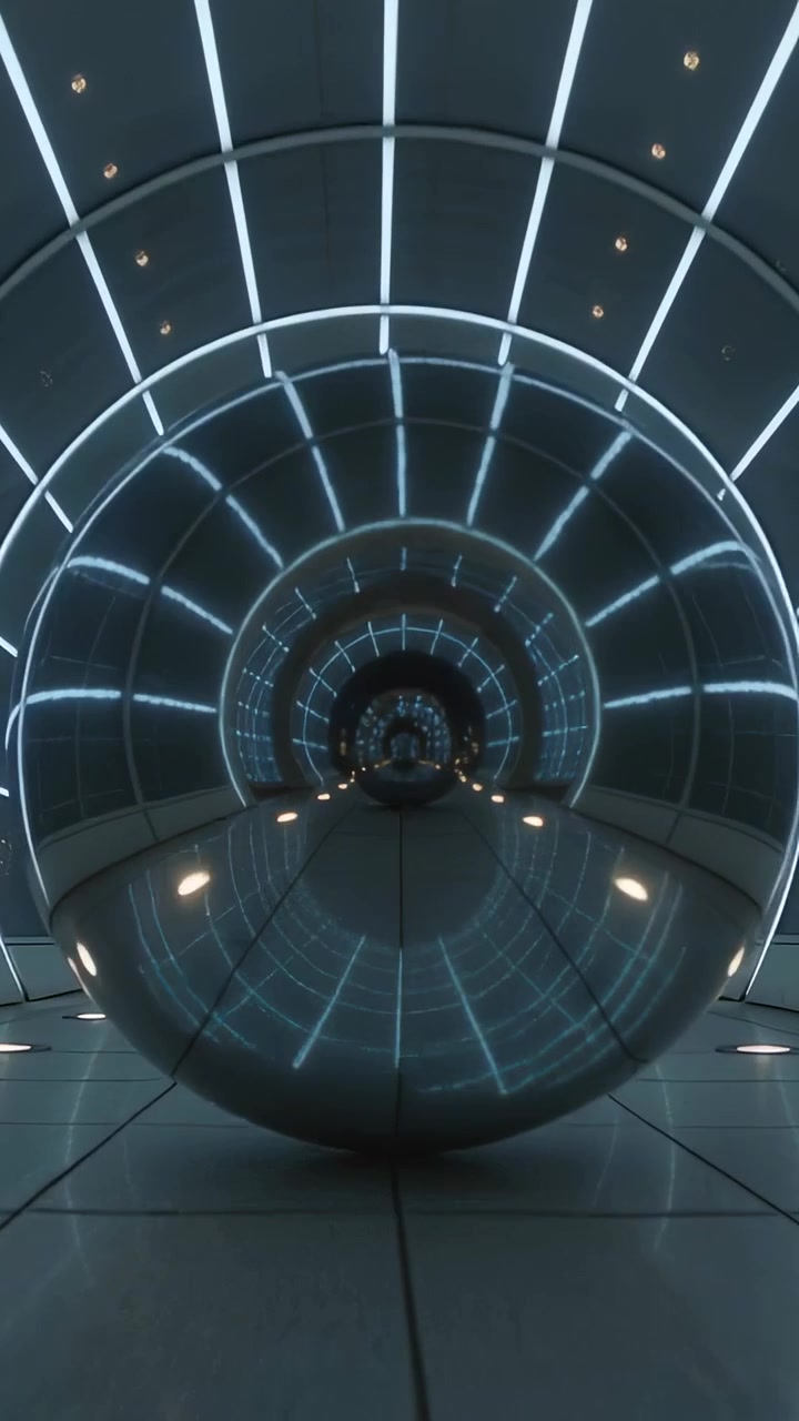 Vertical video: Pulling back camera revealing reflective sphere in ringed tunnel, showing depth