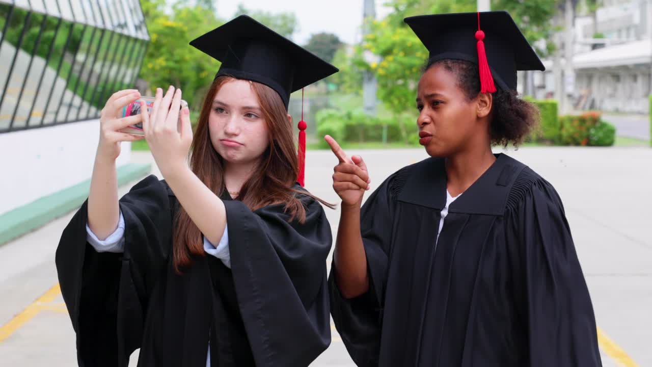 Studente che indossa la toga e scatta una foto con lo smartphone alla laurea. Successo e celebrazione del laureato felice. Congratulazioni.