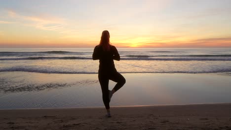 Silueta-De-Mujer-Haciendo-La-Pose-Del-árbol-Mirando-Hacia-El-Mar-En-Cámara-Lenta