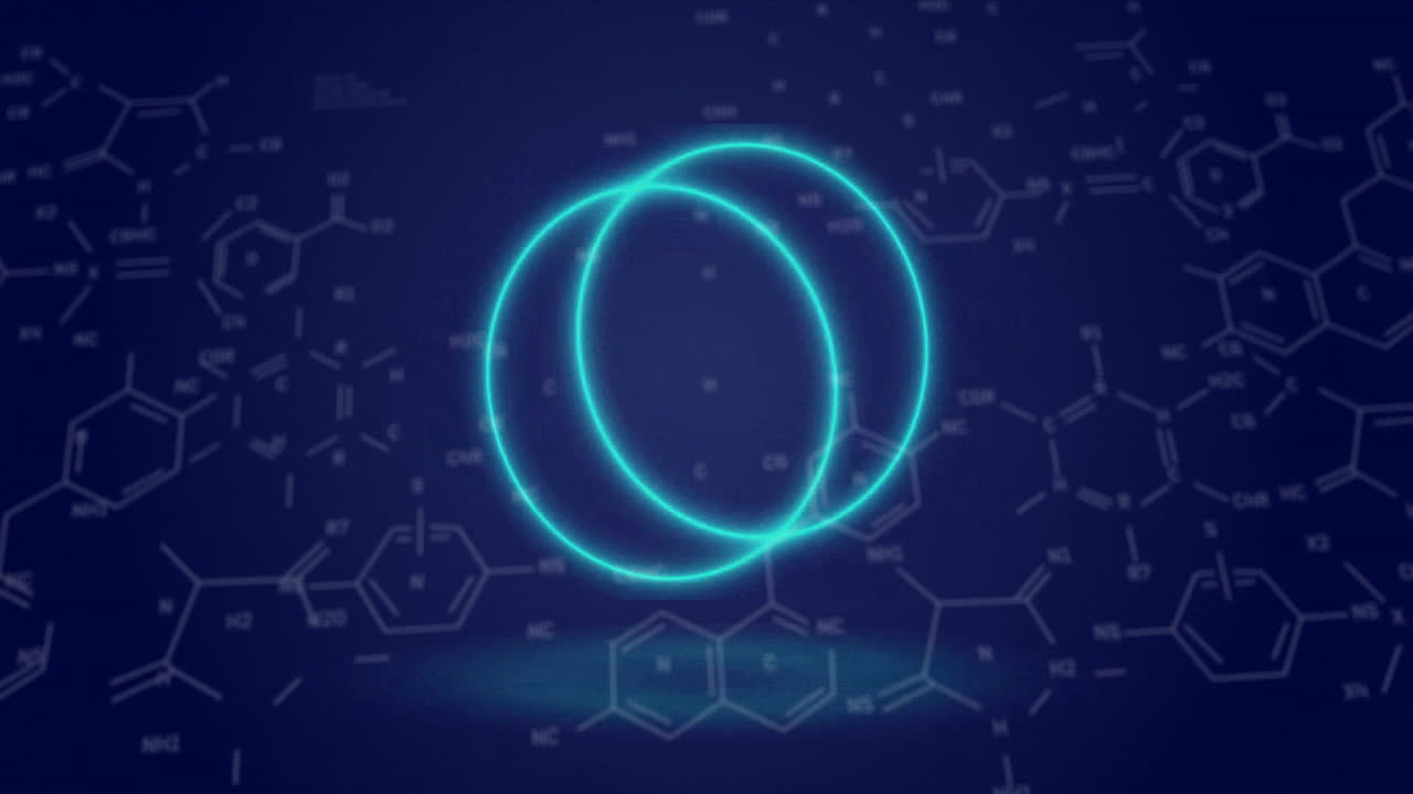 animación de la fórmula química sobre círculos de neón sobre un fondo azul