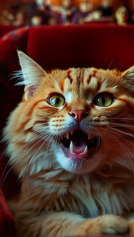 two cats sitting in a red chair watching a movie. one of the cats is making a loud noise