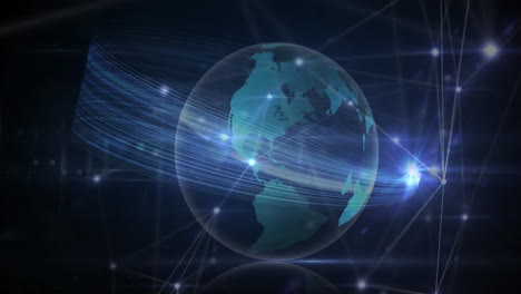 animation of glowing network of connections and light trails over spinning globe on blue background