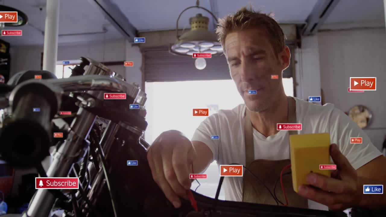 Garage mechanic testing motorcycle wires with multimeter showing tech subscribe or play or like icon
