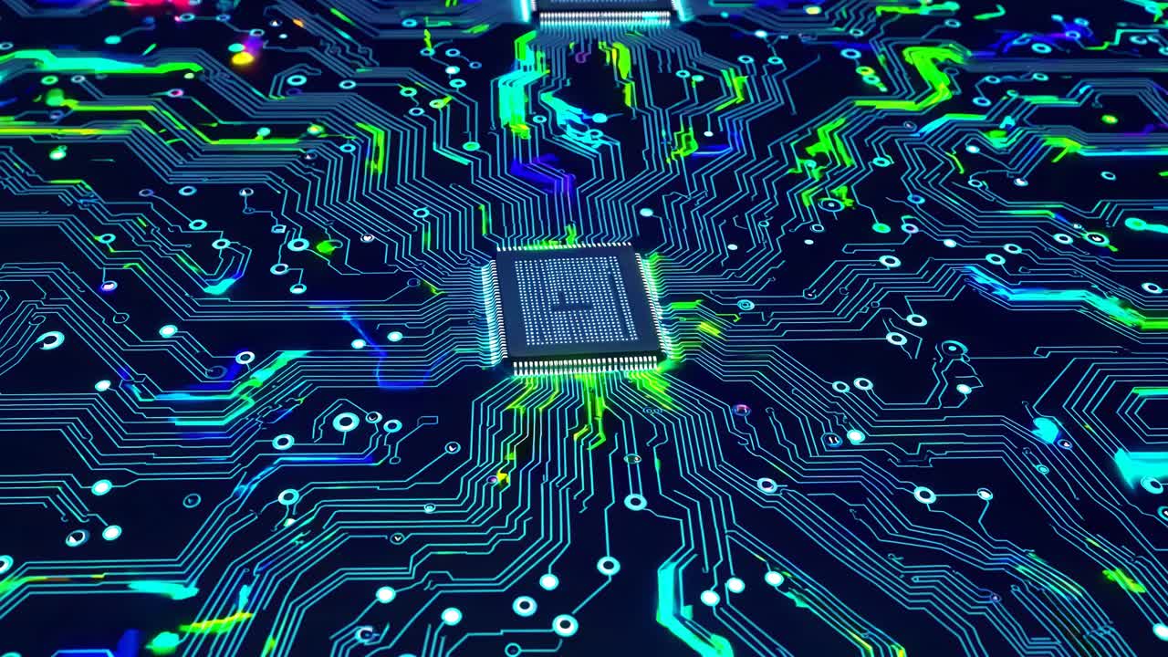 Abstract Circuit Board with Illuminated Chip