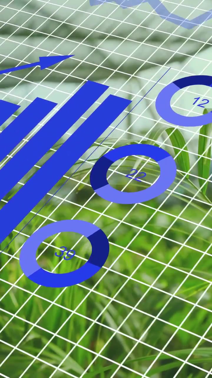 Video vertical: Superposición de datos azules apareciendo en una cuadrícula sobre gráficos de barras ascendentes con etiquetas mostrando datos de cultivos.
