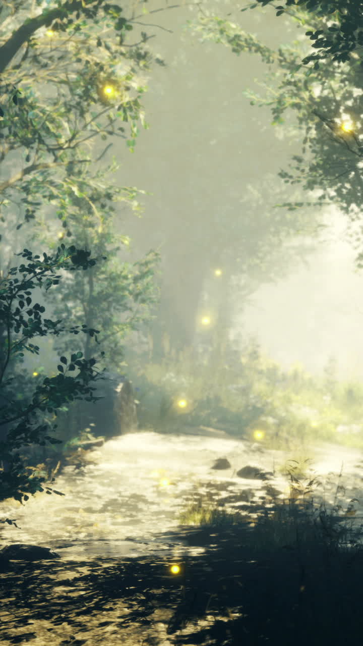 Glowing fireflies dance above a serene forest stream during twilight