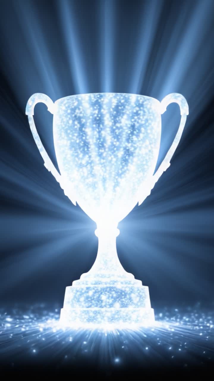 Un trofeo maestoso che risplende di luce radiosa, catturato in uno scintillante spettacolo di scintille e brillantezza, simboleggiando il successo e la celebrazione dell'eccellenza.