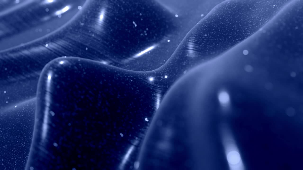 Stylish festive black bg. Fantastical abstract looped background, waves move on glossy surface like landscape made of liquid blue wax with sparkles. Beautiful soft background with smooth animation 4k