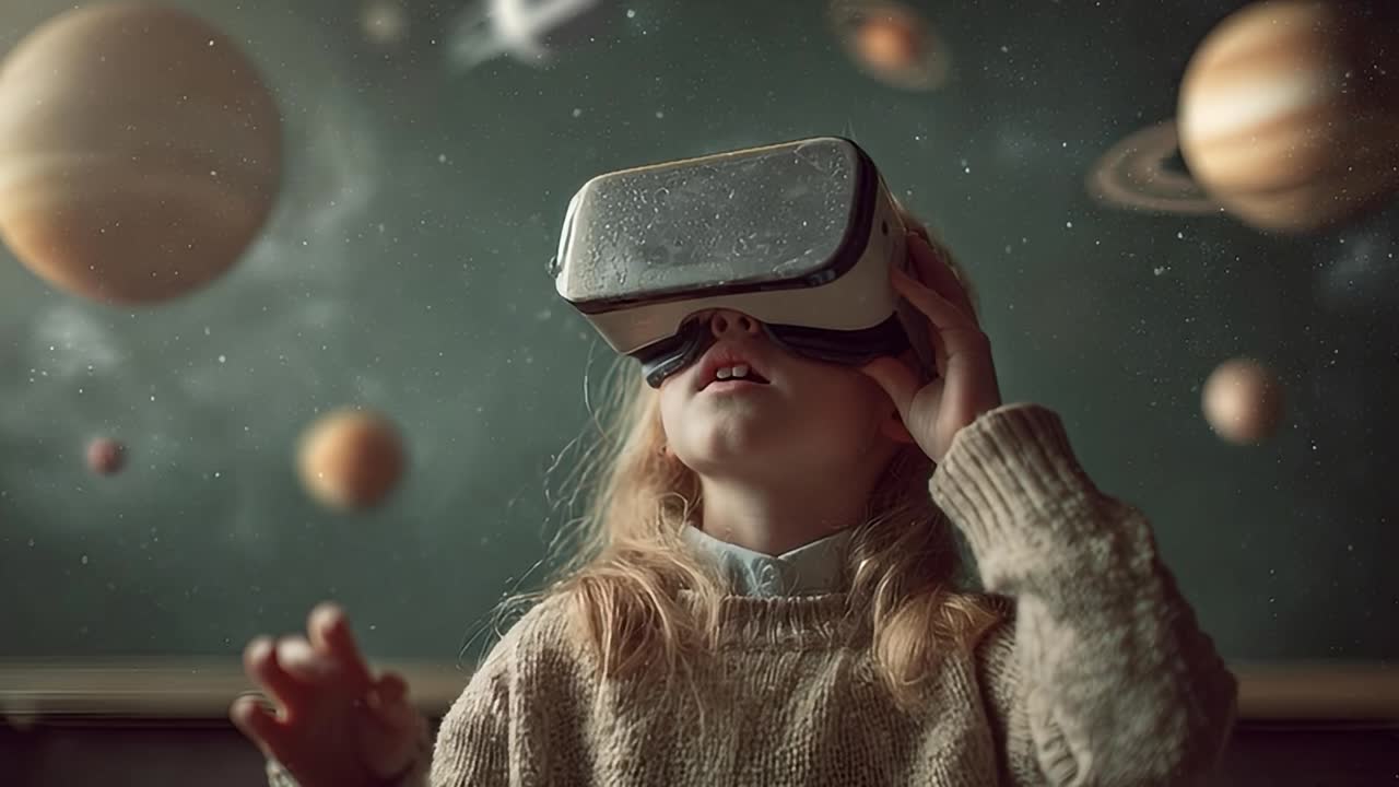 Un bambino esplora la realtà virtuale in un'aula a tema spaziale