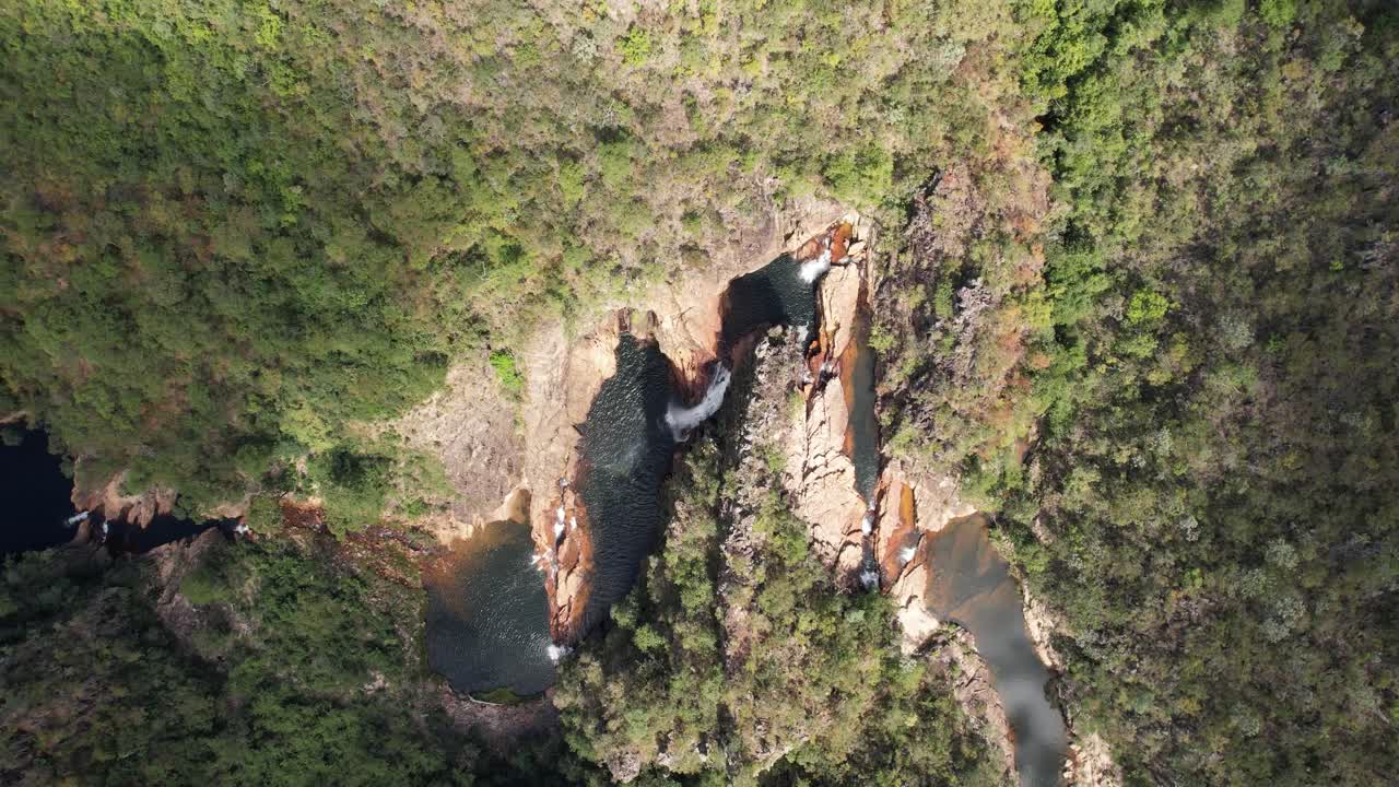 top of view video of waterfall at Chapada dos Veadeiros, Complexo do Macaco, Catedral Waterfall, Goias, Brazil