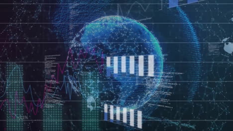 Animation-of-graphs,-globes-and-computer-language-over-connected-dots-forming-globes