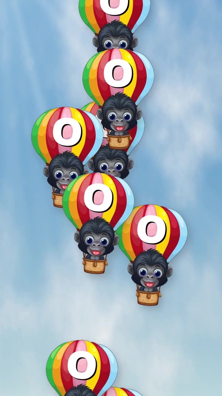 Animated gorillas in colorful hot air balloons fall vertically against a bright cloudy sky background.